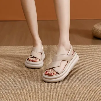 2023 Женски Нови Римски сандали Matsuke върху дебела подметка с преминаването пръсти и отворени пръсти, Ежедневни спортни плажни обувки на дебела подметка