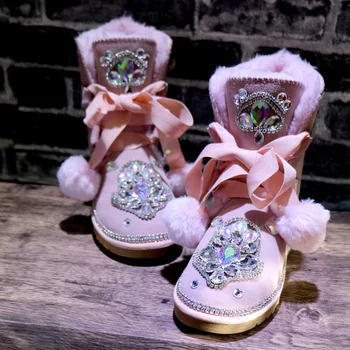 Розови кожени зимни обувки, кристална топка от кожа заек, лейси дамски памучен ръчно изработени обувки по поръчка голям размер