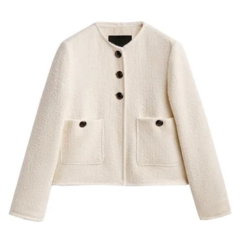 Есен Нова жена ежедневното палто с копчета и текстура, однотонное модно палто с кръгло деколте дамски зимни дрехи, Дамски