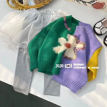 Детски Пуловер за момичета, Трикотаж, Колекция от 2023 година, Пролетта и есента Нов Модерен Пуловер с цветен модел, Пуловер, Детски Топ в тон