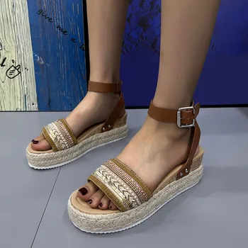 Елегантни дамски обувки, дамски сандали в ретро стил, Лятна нескользящая обувки с отворени пръсти и се деформира в дебела подметка от растителни тъкани 2023