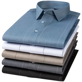 Нови мъжки ризи обичайното намаляване с дълъг ръкав в малка ивица, удобни ежедневни ризи с райе мека на бамбуково влакно