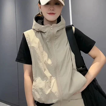 Нов ретро жилетка с качулка, женски жилетка без ръкави, Корейската мода, градинска яке с цип, качулка с Високо качество RE9890