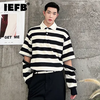 Мъжка тениска в ивицата IEFB, Лятна модна тениска със свалящ се с цип в контрастен цвят, с дълъг ръкав, Корейски, модни топове с ревери 9A4638