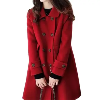 Модно двубортное вълна палто 2023, Новата дамска есенно-зимно яке със средна дължина, висок клас на корейската версия на връхни дрехи, Дамски