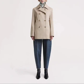 Памучно двубортное дамско палто с ревера на талията, приталенное, есенно-зимно, 2023, лесно, темпераментное, за крайградски пътувания, саржевое палто