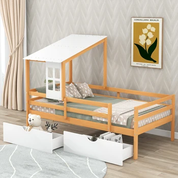 Ниско таванско помещение легло двойно по размер с две чекмеджета за съхранение, натурален + бял