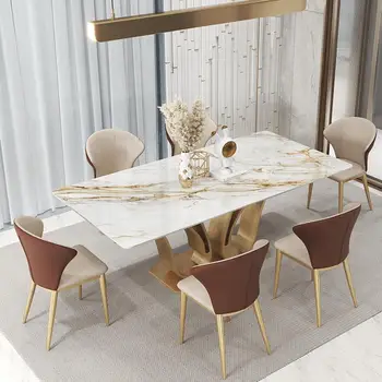 Луксозен модерен маса за хранене, Правоъгълна конзола, Златна креативен дизайн, Мраморни мебели за градината