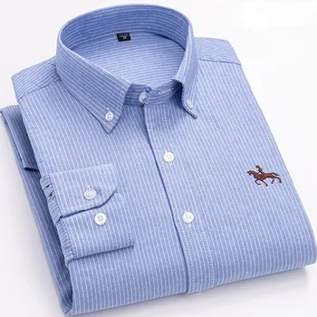 Мъжки оксфордские риза от 100% памук с дълъг ръкав и бродерия, за почивка с коне, без джобове, изпъстрен обикновена риза в райе размер Плюс 6XL