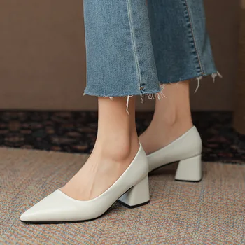 Пролетни нови дамски обувки на нисък ток Mary Jane, универсални малки кожени обувки с дебел ток, ежедневни обикновена тънки обувки