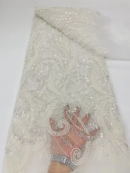 Лейси плат с перли, Луксозни сватбени тежки кристални мъниста за булчински рокли, благородна френска тюлевая окото с пайети, син мрежест материал