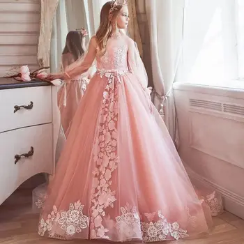 Розови рокли за момичета в цветенце за сватби, Дантелени буйни Ефирни Рокли с дълъг ръкав, Прекрасна детска рокля за Принцеса рожден Ден, рокля за Първо Причастие