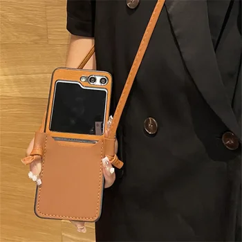 Луксозна Каишка през рамото си, кожена каишка, карта, калъф за телефон Samsung Galaxy Z Flip 4 Z Flip 3 Z Flip 5 ZFlip5, задната част на кутията