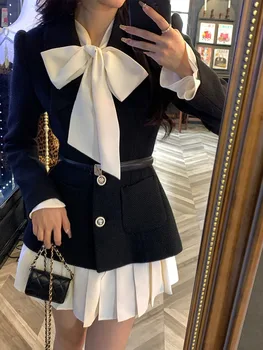 Черно Елегантна Вечерна Мини рокля, Дамско Зимно Рокля с Лък, Сладки Плисирани Рокли в Корейски Стил, Френското Винтажное рокля-палто от две части 2023
