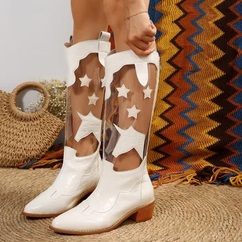 Нов секси Halter 2023 коляното ботуши мода с остър нос страничен цип дамски високи токчета есен прозрачен PVC Челси ботуши 