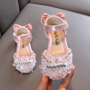 Нова лятна обувки на принцесата на равна подметка, Модерни кристали с лък, детски сандали за момичета, студентски детски сандали с пайети H969