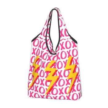 Рециклиране на XOXO пазарска Чанта с ципове, Дамски чанти-тоут, преносими ярко-розови торбички за пазаруване с смайликами за момичета