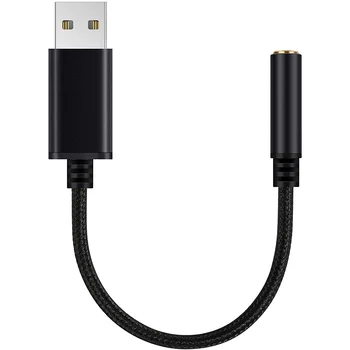 Адаптер с USB конектор за слушалки 3.5 мм, Външна стереозвукокарта за КОМПЮТЪР, лаптоп, PS4, Mac и т.н., (0,6 метра, черен)