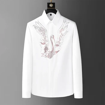 Висококачествена тениска с дълъг ръкав White Swan Hot Diamond, Мъжки Есенна новост 2023, Ежедневни риза с индивидуалността, Копринен Лъскав Луксозен Топ