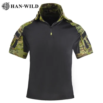 Армията военна тениска с камуфляжным качулка, върхове за катерене, лов, къс ръкав, туристическа фланелка, тактическа бойна тениска за еърсофт оръжия