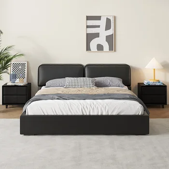 Мебели за спалня италиански минималистичная луксозно легло от телешка кожа с таблата от черна телешка кожа, вила, луксозно кожено легло от блок с тофу