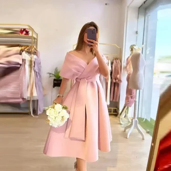 Елегантни розови вечерни рокли с трапецовидна форма, с V-образно деколте и открити рамене, вечерни рокли в арабски стил за жени, вечерни рокли до средата на прасците, 2023
