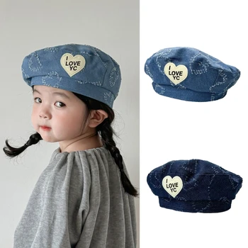 Модерни детски Дънки шапчица Стилен и уникален Деним взема за момичета, Шапка художник, със сърце, топла шапка за момичета