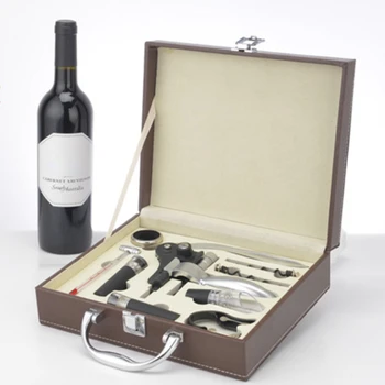 Подаръчен комплект за вино, тирбушон за вино, Дървена кутия, Комплект от девет теми, за Вино, Подарък кутия, Кожена кутия Вино отвертка, корк