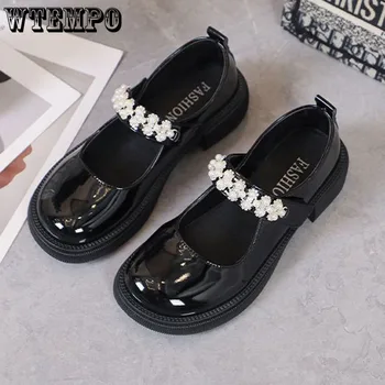 Дамски кожени обувки Mary Jane с перлената тока и каишка, лъскавите черни лоферы в стил Сладка Лолита 