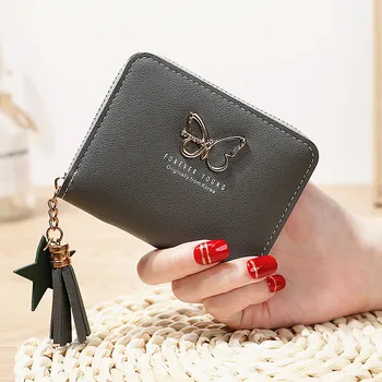 Женски Малък портфейл за монети, кратък чантата си, с папийонка, Лесен модерен женски чантата, чантата с цип, опаковане карти на едро