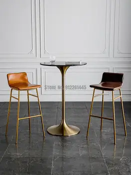 Скандинавска висока скамеечка за крака изкуствена кожа, easy луксозна домашна облегалка, бар стол, модерен прост бар стол за почивка, персонално стол