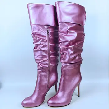Модни дамски обувки, ботуши до коляното с кръгла пръсти, обувки на висок ток с плиссированным модел, розово-лилаво