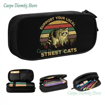 Реколта подкрепа на вашите местни Улични котки, молив случай с енотом за момче и момиче, с Голям капацитет, чанта за моливи с Енотом и пандой, Училищна чанта