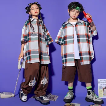 Детски танцов костюм в стил джаз, хип-хоп, кафява тениска, панталони за момчета и момичета, облекла в стил Kpop, дрехи за сценичното шоу