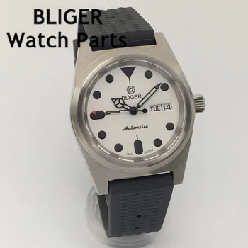 BLIGER 38 мм Водоустойчив часовник с механизъм NH36, Черно Бял циферблат, Сапфирен кристал, Автоматични мъжки часовници, извити каишка от каучук