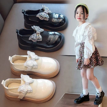 Модни обувки на Принцесата, Нескользящая и здрава Танцови обувки за момичета, Дишаща Детска Студентски Ежедневни Кожени обувки на нисък ток с лък