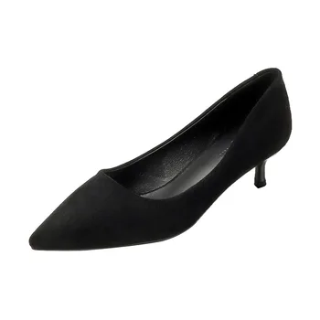 Обувки Нови дизайнерски дамски обувки-лодки, Новост, от флока с остри пръсти, на тънък ток 9 cm, Офис Дамски Модни дамски обувки за работа в офис, черен