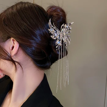Модни дамски нокти-пеперуди, Ретро Метална шнола с дълъг пискюл и камък, Корейската мода шнола за коса, аксесоари за коса