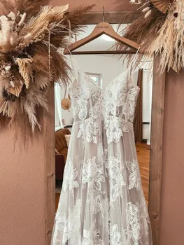 Модерни Сватбени рокли Emy с V-образно деколте, Направени по поръчка Придворен струята, Апликация с цип, Сватбената рокля без ръкави за годеж