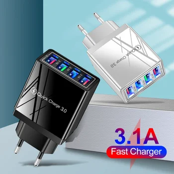 Зарядно устройство USB Quick Charge 3.0, 4 порта, телефонен адаптер за таблет Huawei iPhone 12 xiaomi, джобно монтиране на мобилно зарядно устройство, бързо зарядно устройство