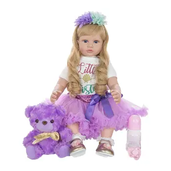 Кукла 24 инча, силиконова кукла, Новородено с дрехи, бутилка за хранене, плюшено мече и биберон