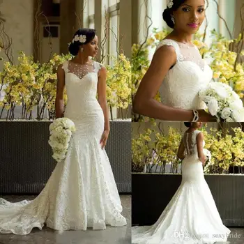 Африканска булката Дантелено сватбена рокля-Русалка без ръкави С аппликацией под формата на параклис, сватбени рокли Vestidos De Новия