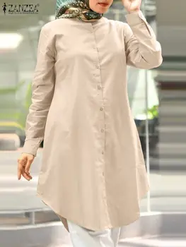 ZANZEA 2023 Есента на Жените в мюсюлманската риза Модерен Елегантен Обикновена върховете на Ежедневните Свободни Дубайские Блузи Абая Blusas С дълъг ръкав и копчета