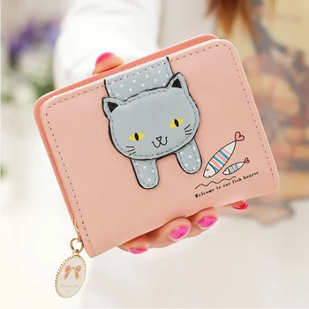 Жена чантата със сладък котка, Малка чантата си, за момичета с цип, Модерен женски портфейл от изкуствена кожа, Дамски портфейл за карти, портфейл