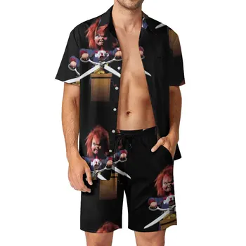 Мъжки комплекти Chucky, ежедневни риза от Филм на ужасите за Хелоуин, Модерни плажни шорти, Летен костюм с шарени Дрехи от две части, Голям размер