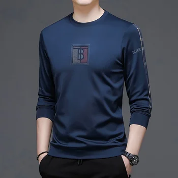 Мъжки однотонная тениска с дълъг ръкав и кръгло деколте, корейски модерен есенен пуловер, мъжки t-shirt с най-високо дъното