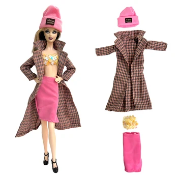 Официален комплект, 1 стоп-моушън облекло за ролеви игри, дълго сако с висока яка + розова вязаная капачка + пола За Барби кукли, играчки къща