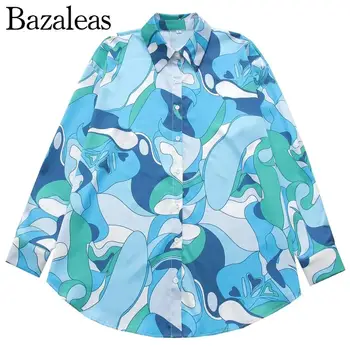 2023 bazaleas store трафика на дамски летни сини блузи с принтом, ретро блузи, ризи, Елегантни блузи, дамски дрехи, официален