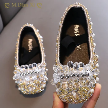 Есенни нови обувки на принцесата на равна подметка с перли за момичета, Детски кожени обувки с кристали, детски тънки обувки за танци с пайети за сватба