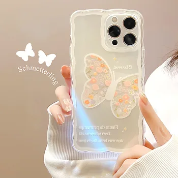 Прозрачен Калъф За мобилен Телефон С една вълнообразна Марж За iPhone 14 13 12 Pro Max 14Plus 1312 mini X XR XS XSMAX 7 8 Plus SE 2020 Crystal Butterfly Case